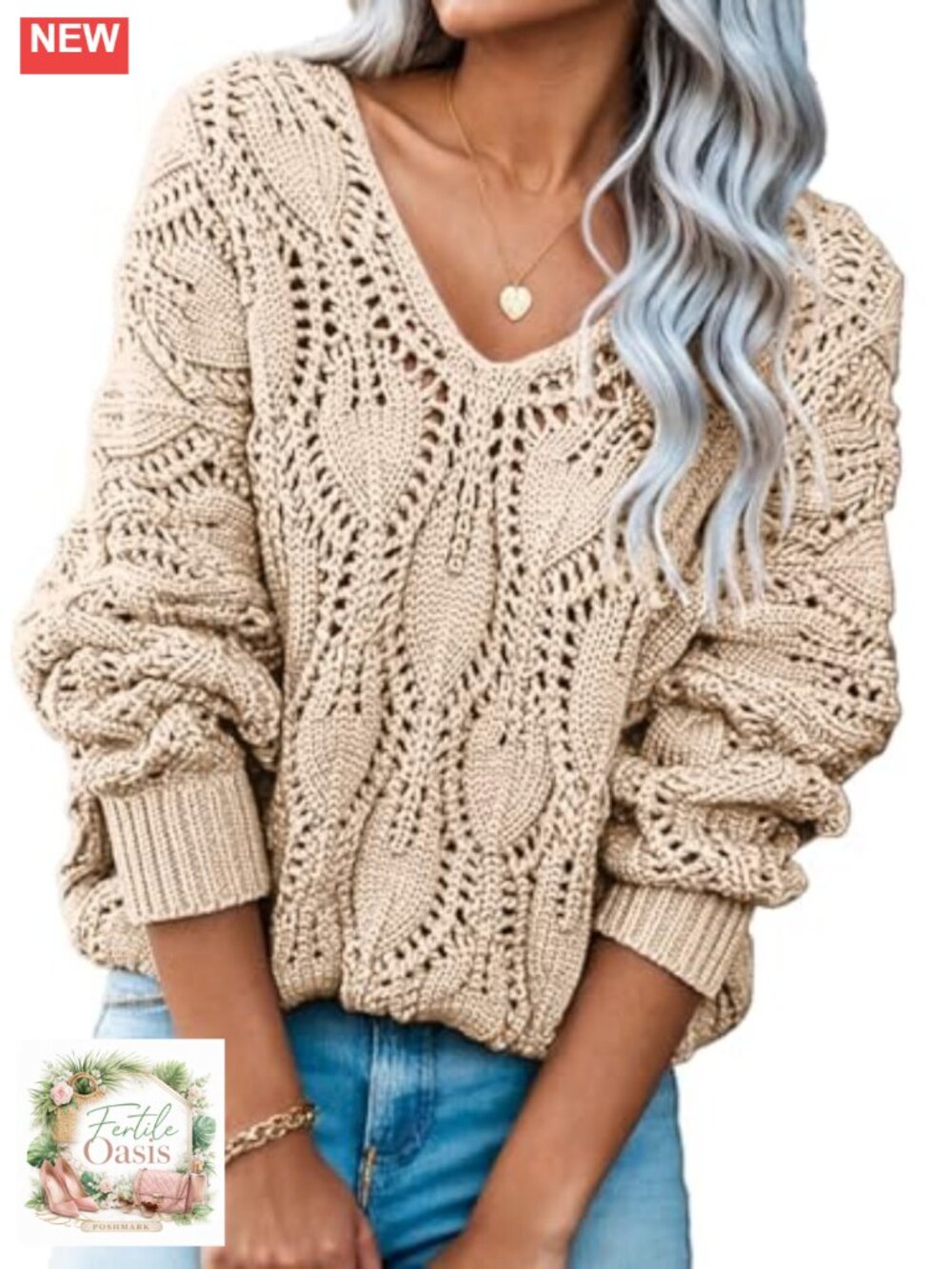 Women's V-Neck Crochet Hollow Out Pullover Sweater Long Sleeve Loose Knit